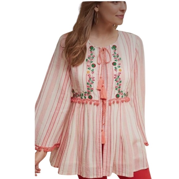 Anthropologie Tops - Anthropologie Chantik Small Lovina Floral Embroidered Blouse Pom Pom NWT